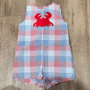 Petit Ami Red and Blue Plaid Baby Romper with Crab